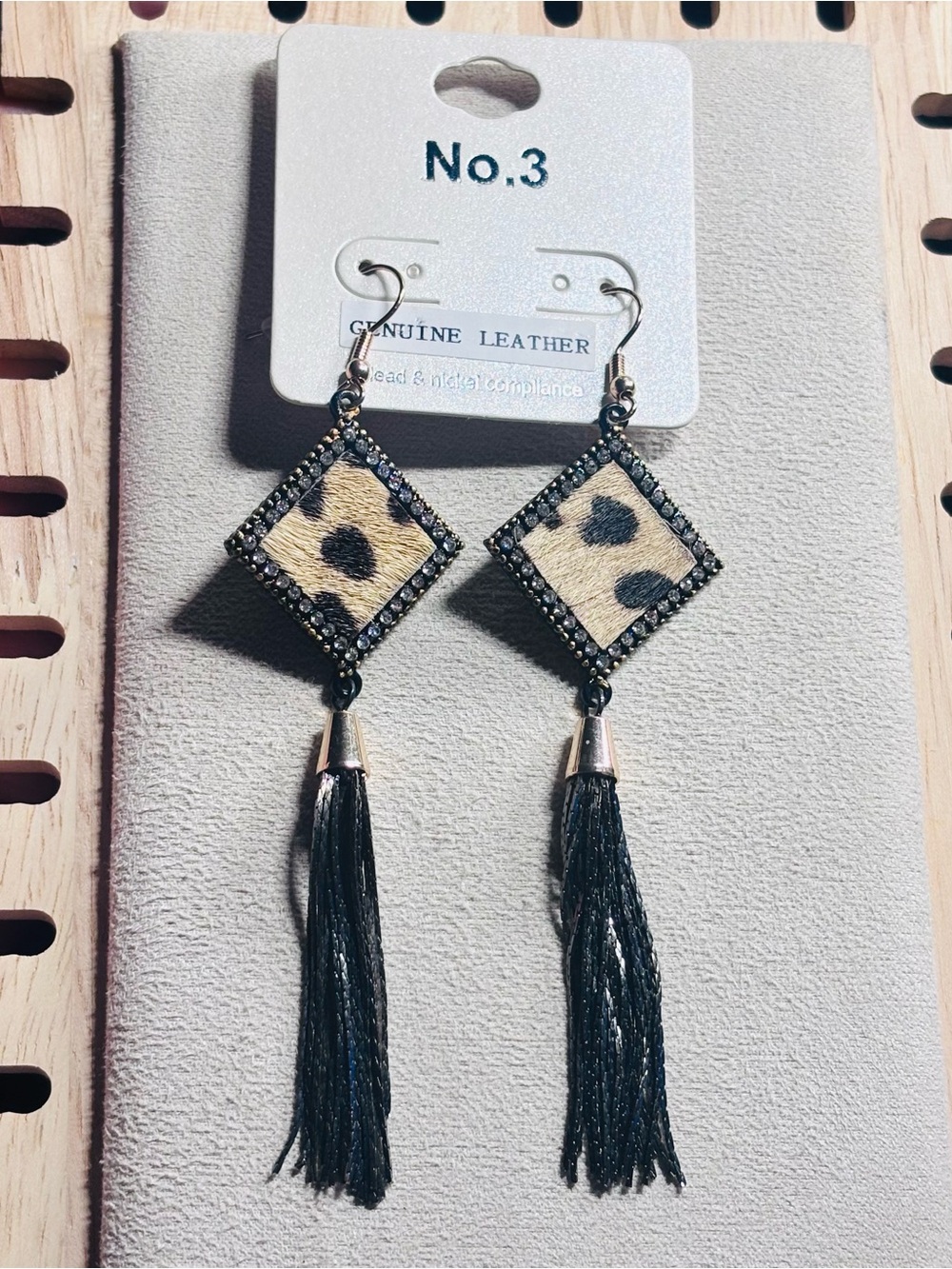 Genuine Leather Leopard Print Tassel Drop Earrings - Black & Tan